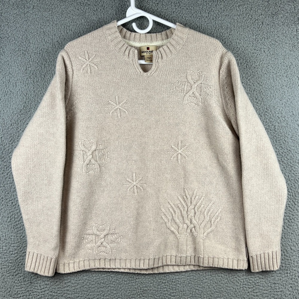 Woolrich 100% Lambswool Sweater Snowflakes‎ Trees Oatmeal Beige Womens XL